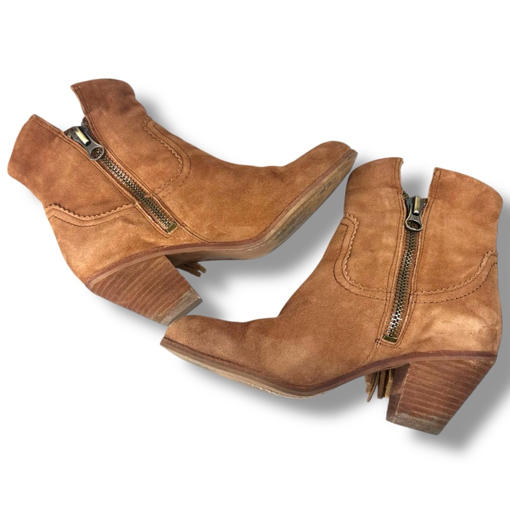 Sam Edelman Louie Womens Tan Suede Metallic Gold Fringe Booties Side Zip Sz 7.5 - Picture 8 of 16